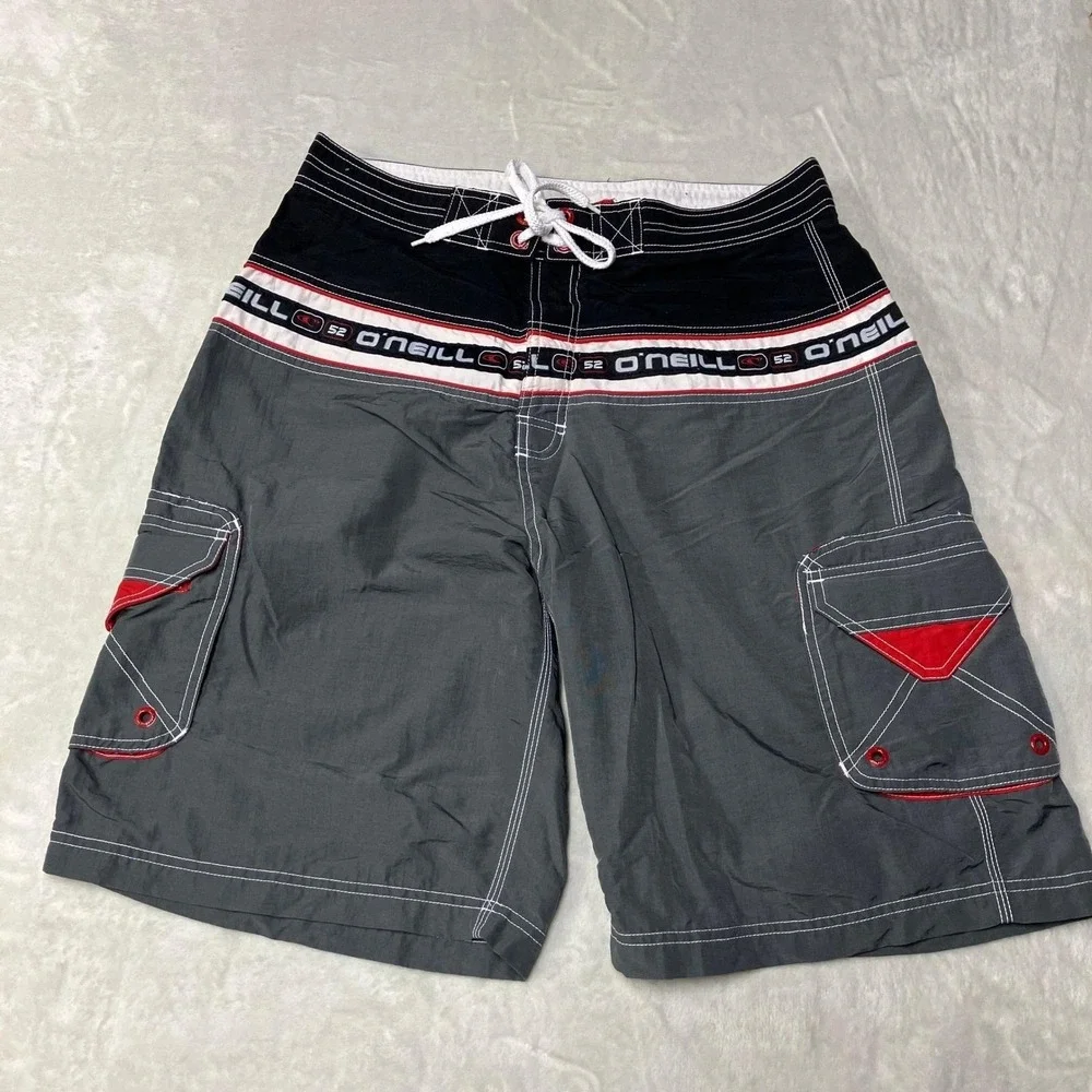Vintage Y2K O'Neill Boardshorts Swim Cargo Logo Grey Red Mallgoth Mens 32